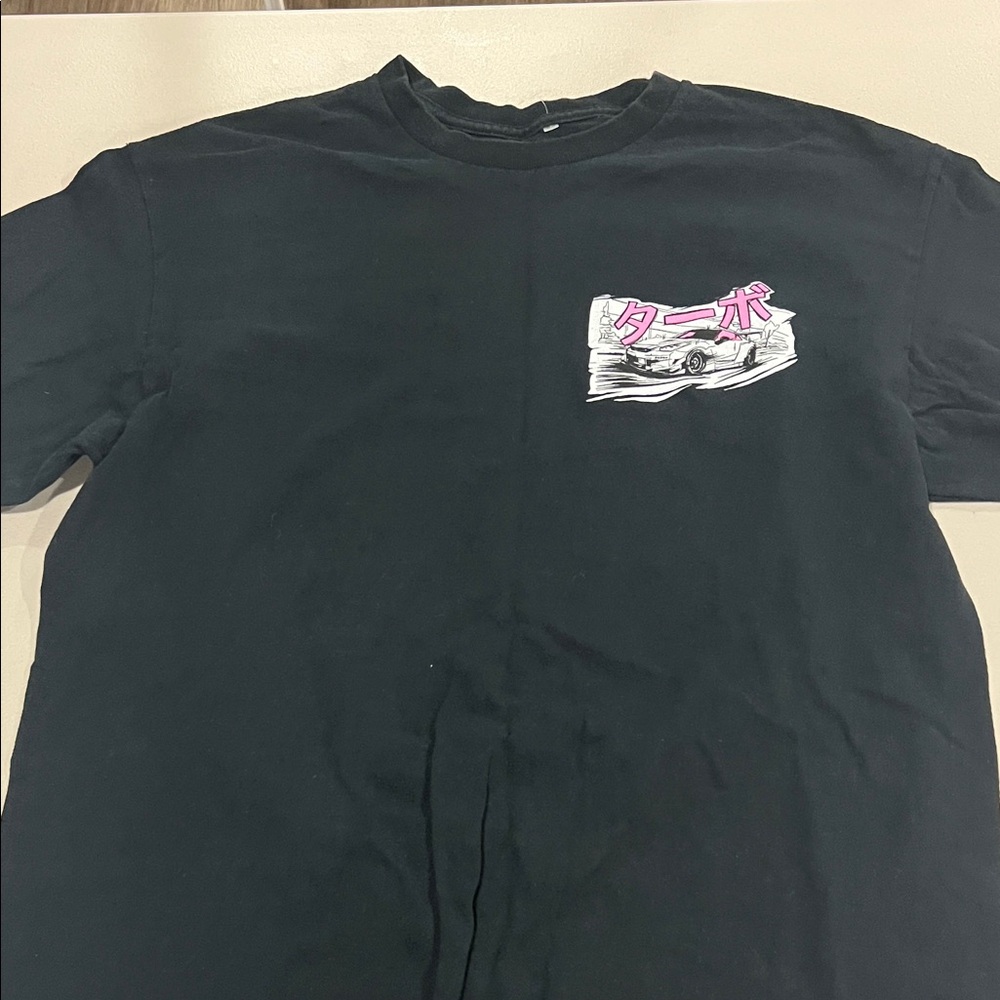 Black Graphic T-Shirt with Pink Accents